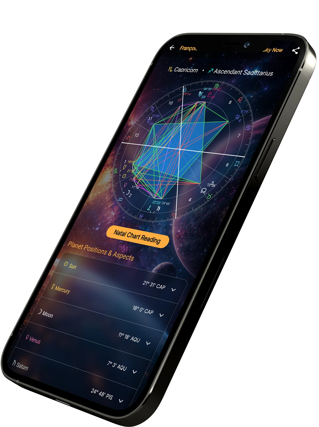 La carta natal de François abierta en la app Runecast AI, mostrando su Sol en Capricornio, su Ascendente en Sagitario y las posiciones exactas de los planetas