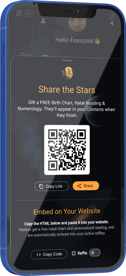 Il pannello Share the Stars in Runecast AI: un codice QR con il tuo link d'invito e i pulsanti Copia link e Condividi.